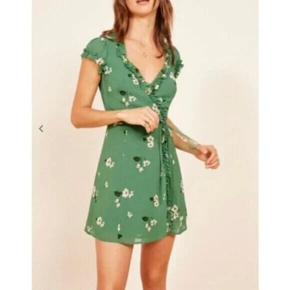 Reformation Dress XS Extra Small Oyster Green Floral Wrap Lola Summer - Picture 2 of 9